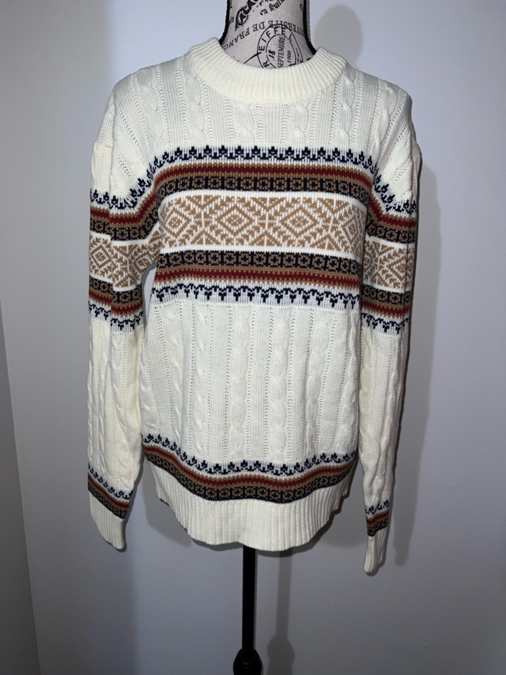Vintage Andhurst Cable Knit Fair Isle Sweater Cream Geometric Pattern Large